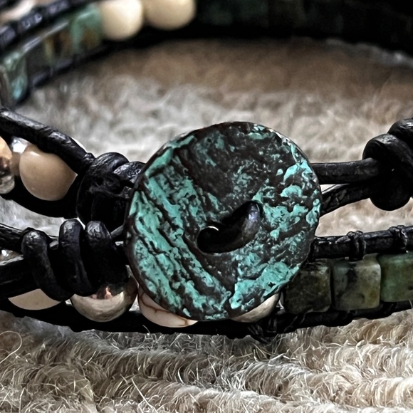 Double-Wrap Leather Bracelet - Square Turquoise, Sterling Silver, Howlite, - Picture 4 of 9